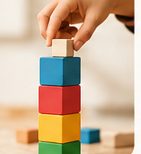 Mano de un niño apilando bloques de colores